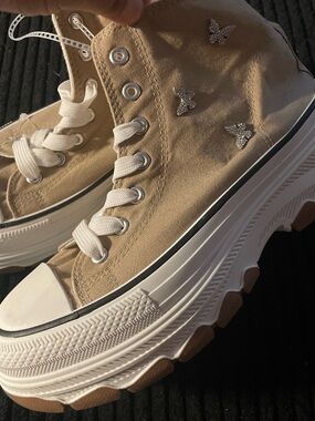 Canvas High-Top Platform Sneakers in Beige with Rhinestone Butterflies